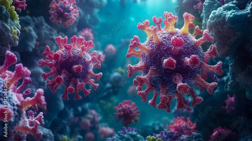 Coronaviruses are depicted floating in an underwater scene, revealing their complex structures and colorful spikes amidst a rich marine backdrop