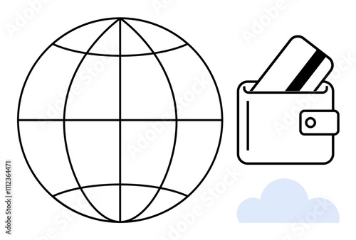 Globe representing worldwide reach, wallet with a credit card for online transactions, cloud icon for storage. Ideal for ecommerce, finance, technology, global trade, online banking, fintech cloud