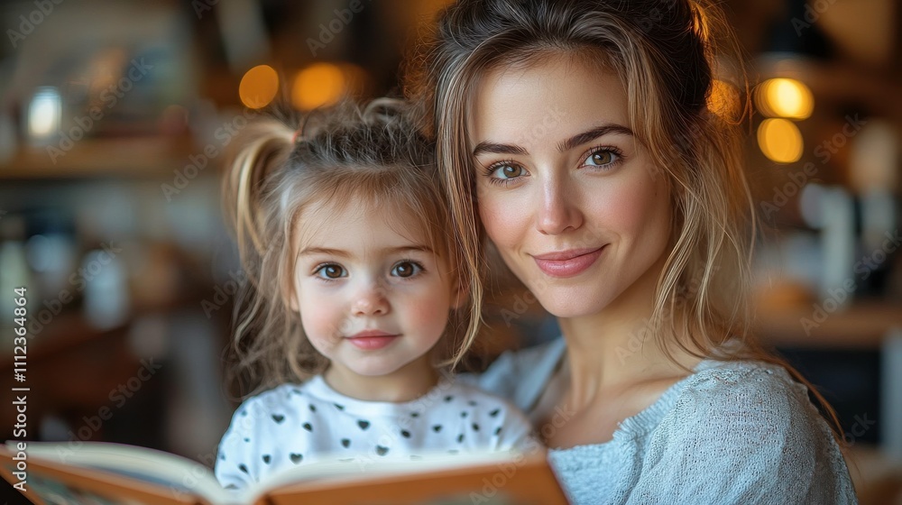 A woman and a child smile together while reading a book in a cozy setting. A woman and a child smile together while reading a book in a cozy setting.