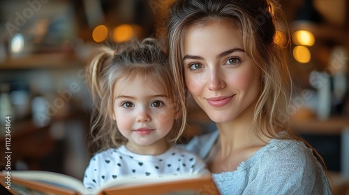 A woman and a child smile together while reading a book in a cozy setting.