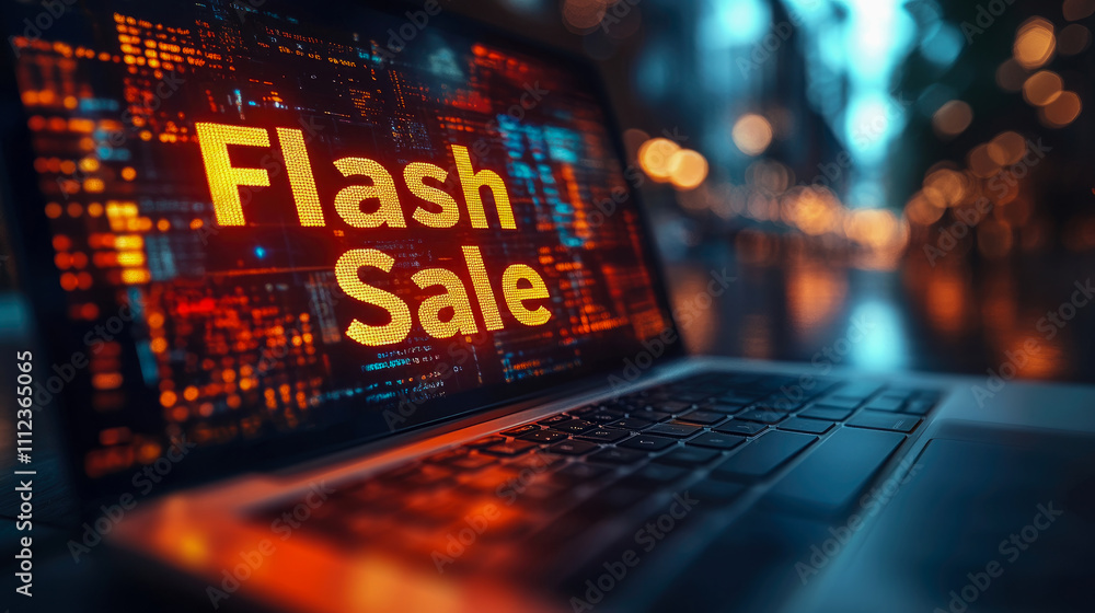 A laptop displays a large text announcement for a flash sale amidst a blurred background of city lights at night, creating an energetic atmosphere A laptop displays a large text announcement for a flash sale amidst a blurred background of city lights at night, creating an energetic atmosphere