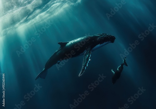 Majestic Underwater Scene of Humpback Whales Swimming Gracefully Beneath the Ocean Surface Illuminated by Soft Rays of Sunlight in a Serene Blue Environment