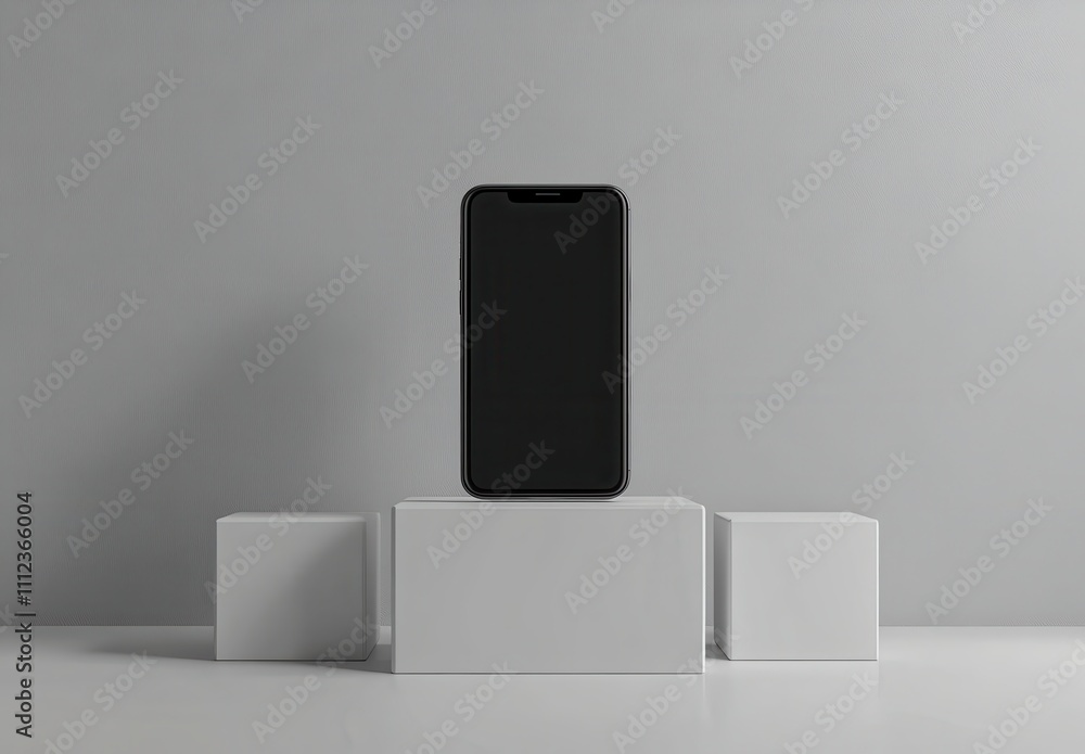 Minimalistic Display of a Black Smartphone on White Geometric Pedestals Against a Soft Gray Background for Modern Digital Product Presentations Minimalistic Display of a Black Smartphone on White Geometric Pedestals Against a Soft Gray Background for Modern Digital Product Presentations
