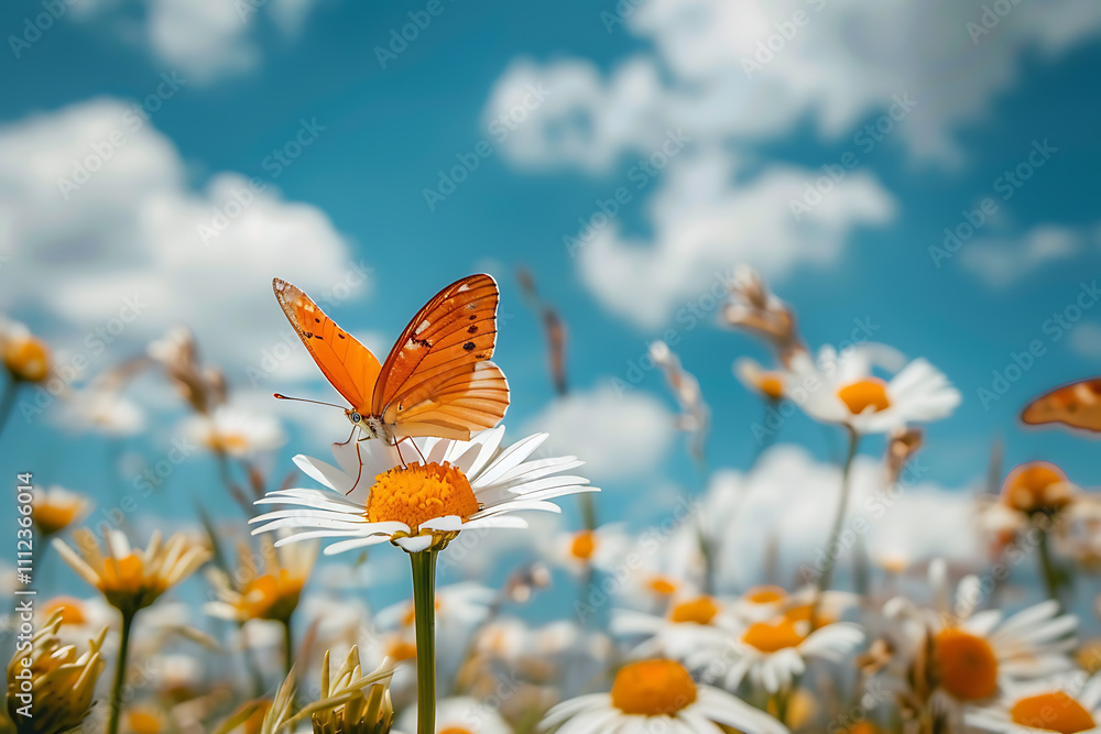 Fototapeta premium Wildflowers and butterflies against a blue sky.