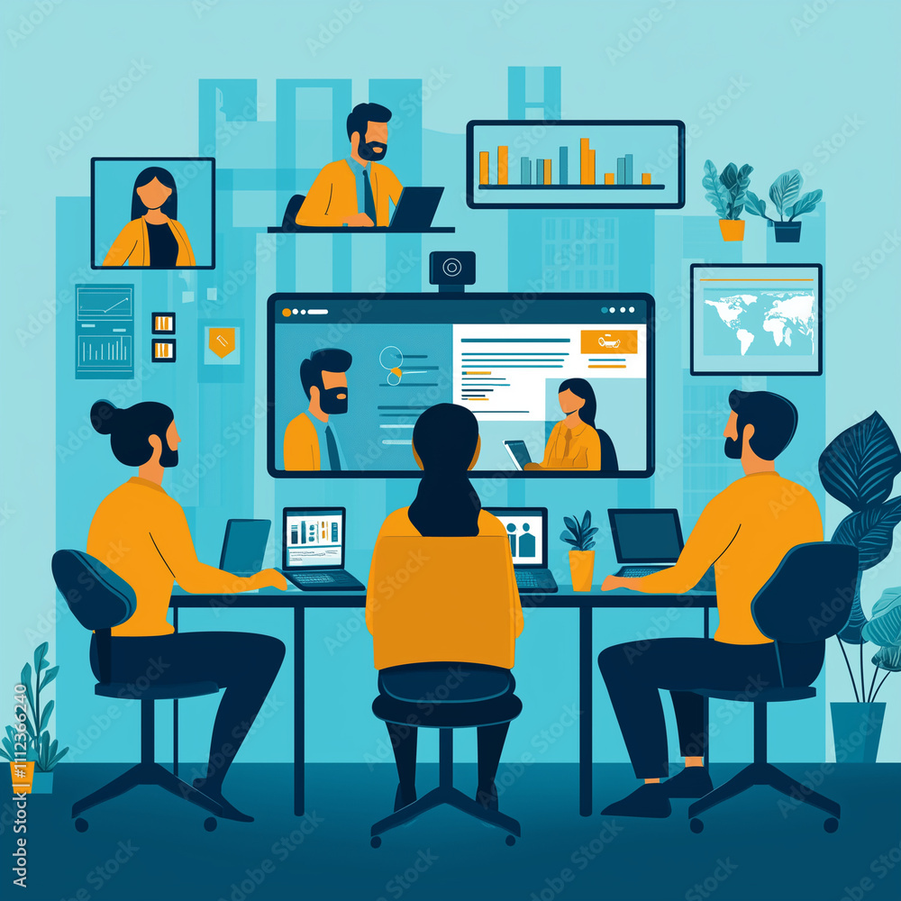 Fototapeta premium A group of people are working together in a virtual meeting. They are all sitting at desks with laptops and a large screen in the background. Scene is collaborative and focused