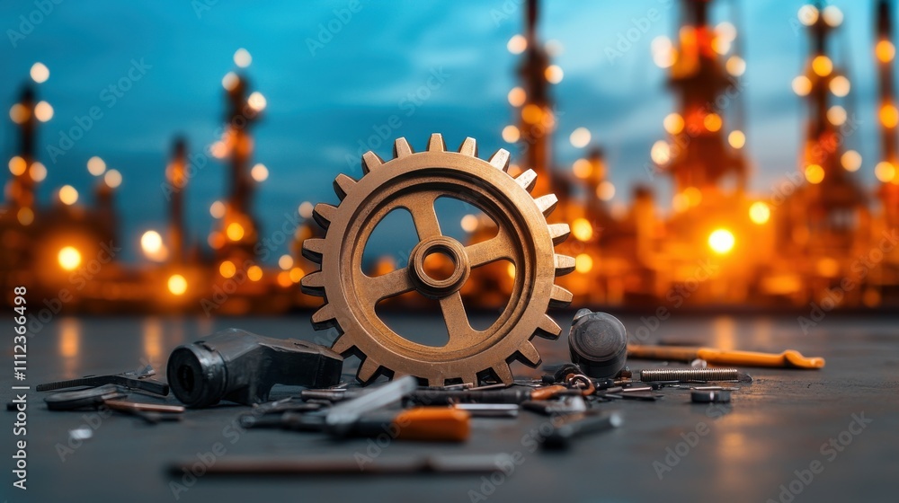 Fototapeta premium Polished Gear Surrounded by Scattered Tools