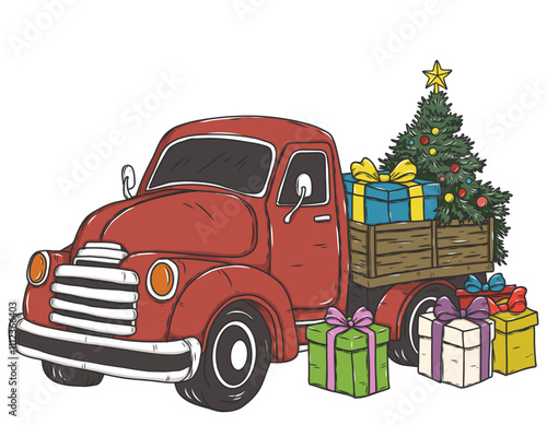 Illustration of a red pickup truck carrying gift boxes and a Christmas tree.