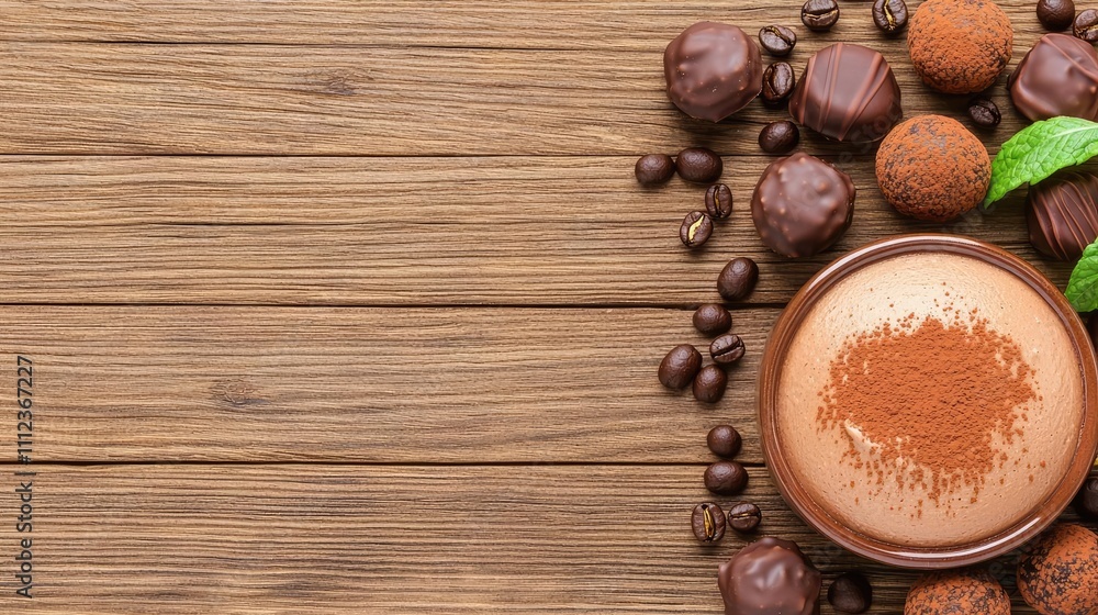 Delicious chocolate truffles and cocoa powder on wooden surface. Delicious chocolate truffles and cocoa powder on wooden surface.