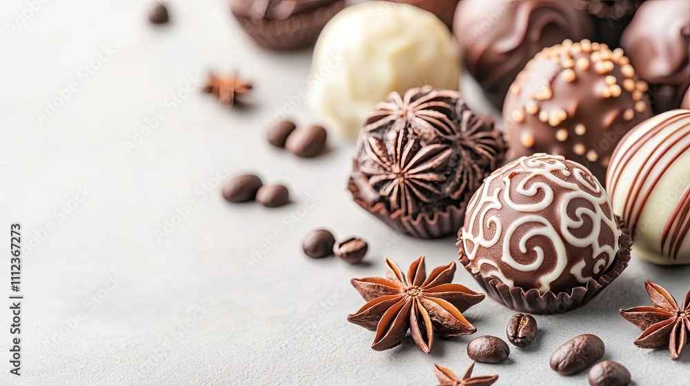 Assorted gourmet chocolates with coffee beans and star anise on a light background. Assorted gourmet chocolates with coffee beans and star anise on a light background.