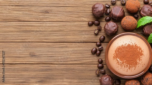 Delicious chocolate truffles and cocoa powder on wooden surface.