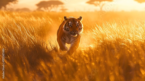 A majestic tiger prowling through tall grass in an African savanna, with the golden light of the late afternoon casting long shadows photo