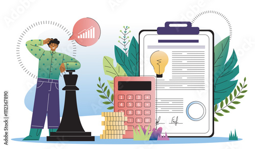 Economy school subject. Boy with chess pieces near golden coins and calculator. Credit for education. Learning and training. Flat vector illustration