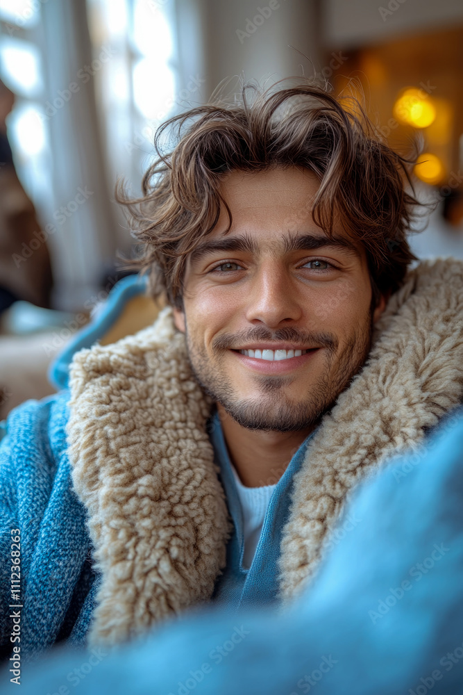 A young man with tousled hair is smiling warmly while sitting indoors, wrapped in a thick, cozy sweater, surrounded by a soft, inviting atmosphere A young man with tousled hair is smiling warmly while sitting indoors, wrapped in a thick, cozy sweater, surrounded by a soft, inviting atmosphere
