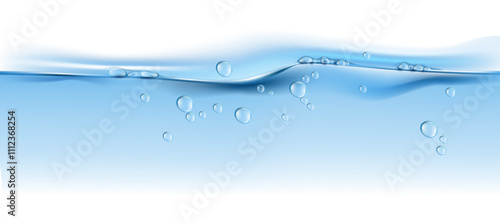 Water splashes with bubbles, waves and surface of pool, ocean or sea, river or freshwater. Vector isolated realistic mass of aqua splashing underwater. Washing or diving texture, cold drink with fizz