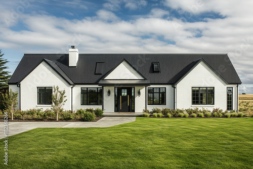 A front view of an off-white modern farmhouse-style house with a black roof, set in New Zealand on green grass and a blue sky, with black windows and doors. The home has large black window frames.