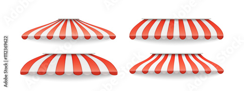 Store fronts facade or exteriors. Vector isolated set of realistic roofs or tents for buildings. Parasol with stripes, protection from sunshine and heat. Cafe or restaurant, marquee shed