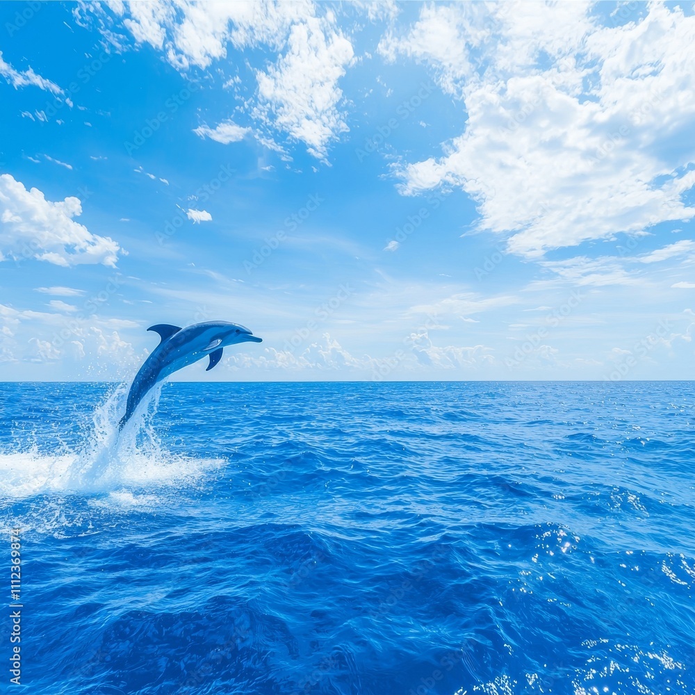 Fototapeta premium Dolphin leaping from ocean, clear blue sky.