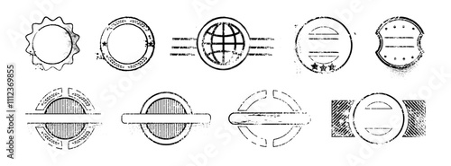 Postal or travel stamps, isolated monochrome banners set. Vector trip departure or arrival mark for passport. Cargo or shipment sticker, vintage and retro design for parcels delivery or journey