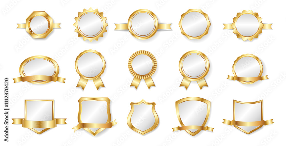 Empty gold warranty emblems, steal certificate award or reward with place for text. Vector seal stamps, modern promotion emblems, business trophy award signs. Golden circle shape stamps Empty gold warranty emblems, steal certificate award or reward with place for text. Vector seal stamps, modern promotion emblems, business trophy award signs. Golden circle shape stamps