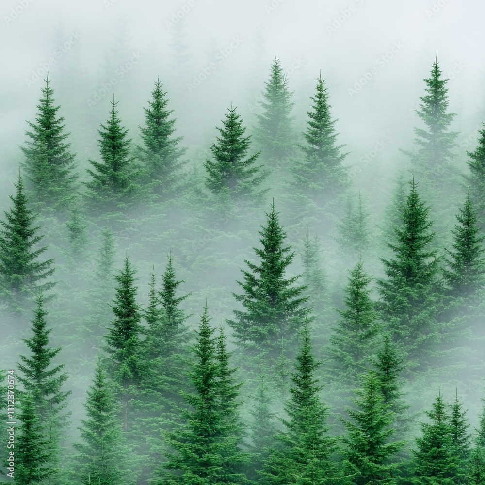 Obraz premium Enchanting Evergreen Forest Shrouded in Misty Dawn