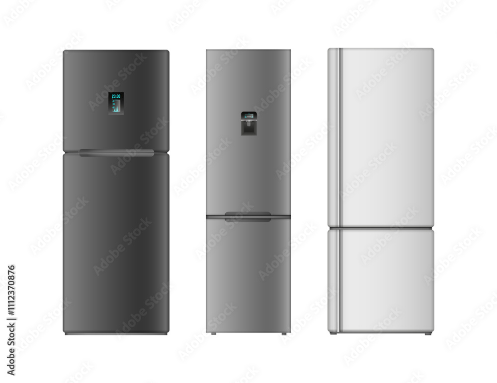 Modern refrigerators with two compartments for freezer and fresh zones. Vector isolated realistic fridge for storing and keeping food fresh. Kitchen appliances and interior design for home Modern refrigerators with two compartments for freezer and fresh zones. Vector isolated realistic fridge for storing and keeping food fresh. Kitchen appliances and interior design for home