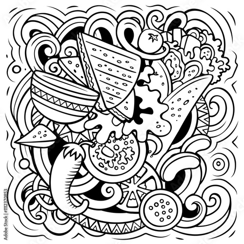 Mexican food hand-drawn vector doodles illustration. Cuisine poster design. Mexica Menu elements and objects cartoon background