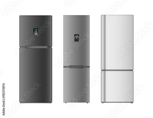 Modern refrigerators with two compartments for freezer and fresh zones. Vector isolated realistic fridge for storing and keeping food fresh. Kitchen appliances and interior design for home