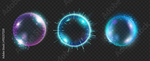 Force spheres set, isolated shield balls, protection glowing guard bubbles. Vector powerful protected space circle surface, security globe, abstract power cover futuristic technology barrier