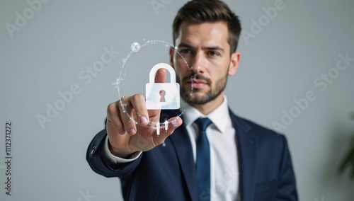 A businessman interacts with a zero-trust security symbol representing enhanced cybersecurity measures for his organizations data protection photo