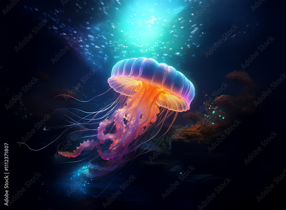Naklejka premium A bioluminescent jellyfish gracefully floats in the deep ocean, illuminated by an ethereal light source above. Its vibrant tentacles trail below, contrasting with the dark, mysterious background.