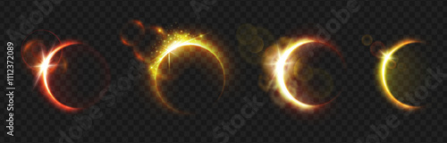 Solar eclipse in dark universe, isolated set of circles with glowing light and flares. Vector realistic celestial body, overlay effect on transparent background. Neon blazing star edge behind planet