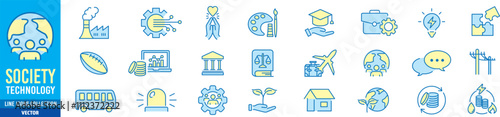 society icon set. technology education healthcare agriculture energy transportation speech justice art editable stroke line vector icons collection illustration