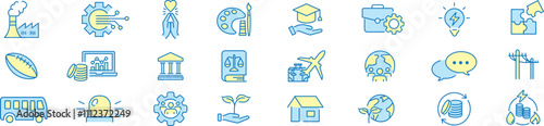 society icon set. technology education healthcare agriculture energy transportation speech justice art editable stroke line vector icons collection illustration