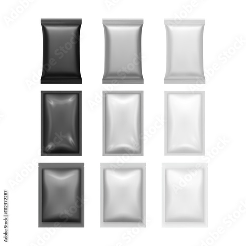 Sachets or packages for individual use products, food or snacks. Vector isolated set of realistic wrapping, sealed packs or bags for candy, cookies or chips. Branding mockup, copy space