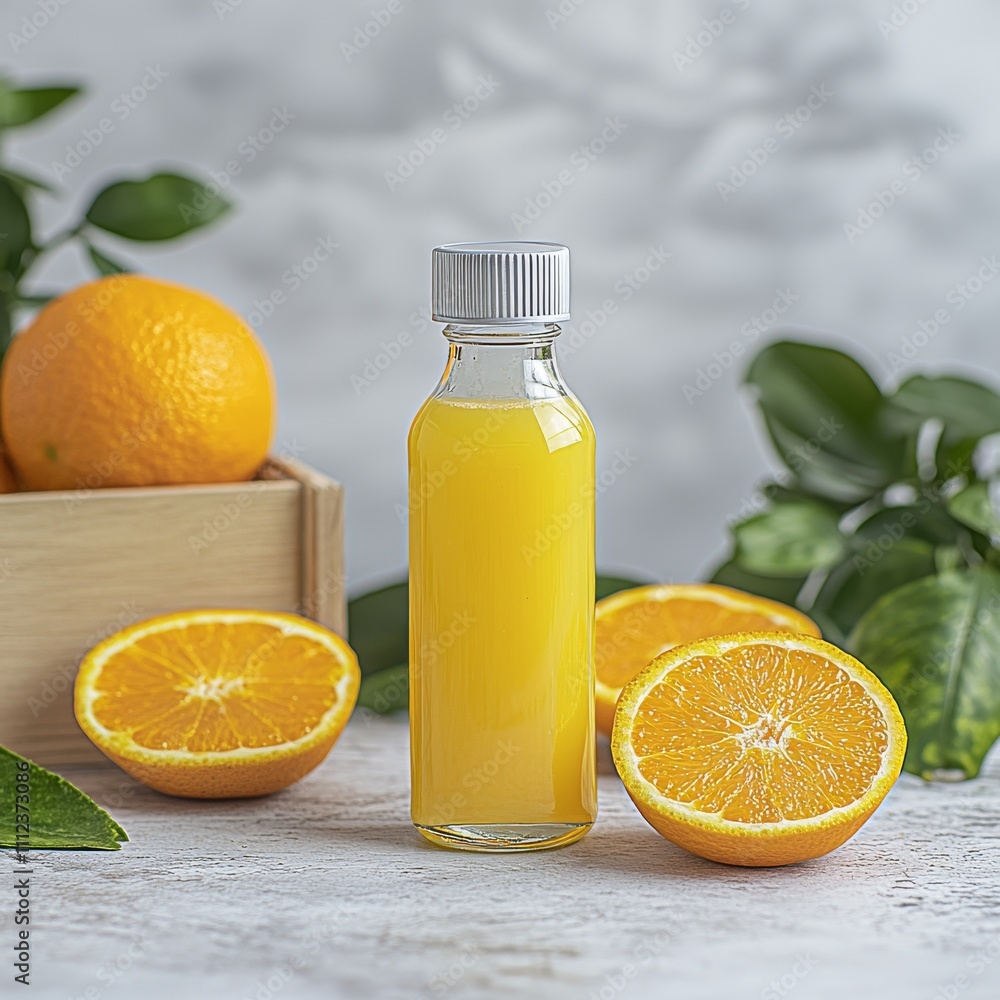 Freshly Squeezed Orange Juice in a Small Glass Bottle Freshly Squeezed Orange Juice in a Small Glass Bottle