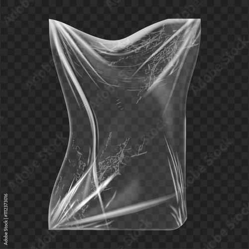 Crumpled stretch film plastic with wrinkles. Vector isolated realistic wrapping or package for food or products. Torn and deformed texture, cellophane bag or peeled off foil of goods, mockup