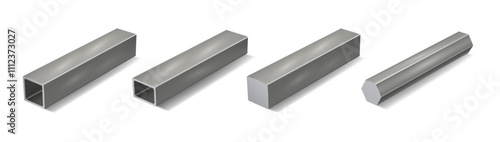 Realistic steel bars or stainless pipes. Vector isolated construction parts and materials for building, manufacturing and factory. Technologies and industrial tubing made of iron or carbon