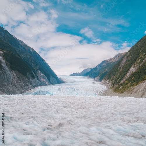 Glacial Valley Landscape Under a Blue Sky with Mountain Slopes