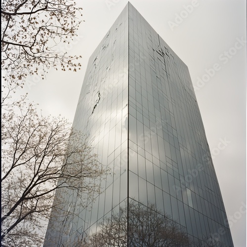Glass Skyscraper Reflecting Winter Trees and Sky
