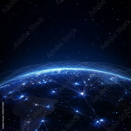 Global network connections at night, illuminated Earth.