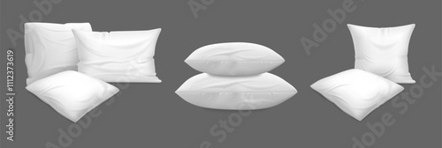 Pile of cushions or pillows lying on top of each other. Vector isolated set of soft square shape decor for bedroom or living room. Realistic white pillowcase for mockup and branding design