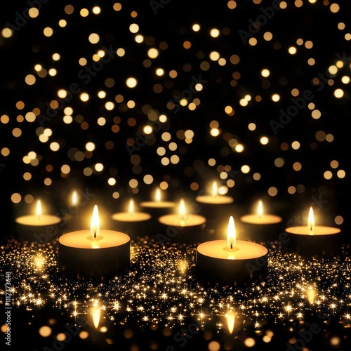 Glowing tea lights on glitter, dark background.