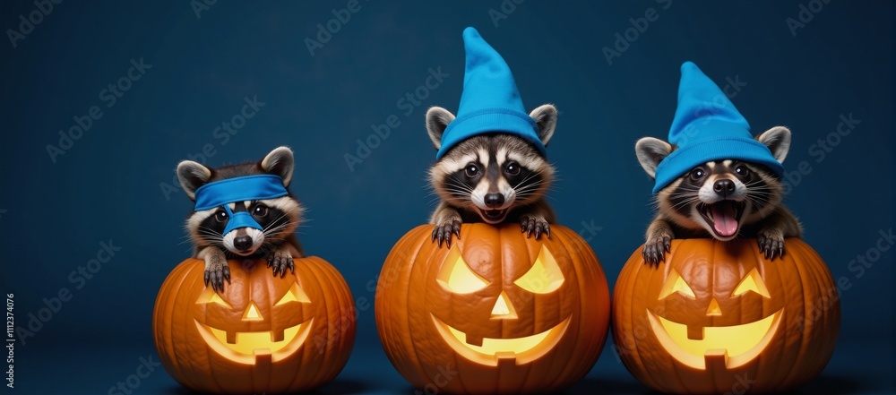 Blue background with adorable raccoons in pumpkin jack-o-lanterns wearing blue hats Blue background with adorable raccoons in pumpkin jack-o-lanterns wearing blue hats