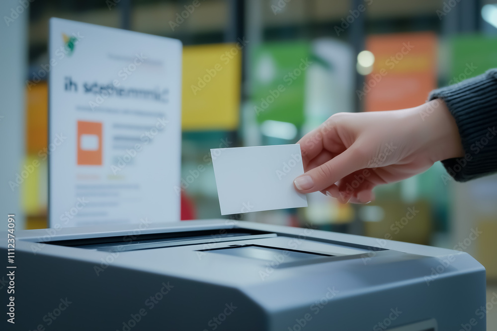 Close-up of a hand inserting a voting card into a ballot box at a brightly lit polling station, symbolizing civic duty and participation. Close-up of a hand inserting a voting card into a ballot box at a brightly lit polling station, symbolizing civic duty and participation.