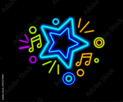 Glowing stars frame with musical notes and circles, banner with neon light effect. Vector realistic advertising night club, disco and karaoke bar signs. Logo or emblem, label or billboard
