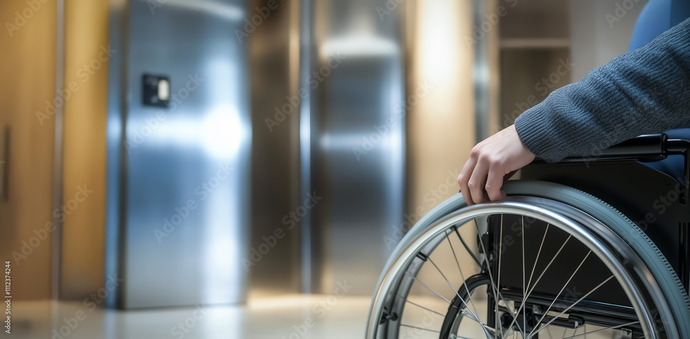 Close-up of a wheelchair user's hand gripping the wheel, set against the background of modern elevator doors. Close-up of a wheelchair user's hand gripping the wheel, set against the background of modern elevator doors.
