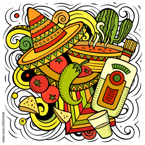 Mexican food hand-drawn vector doodles illustration. Cuisine poster design. Mexica Menu elements and objects cartoon background