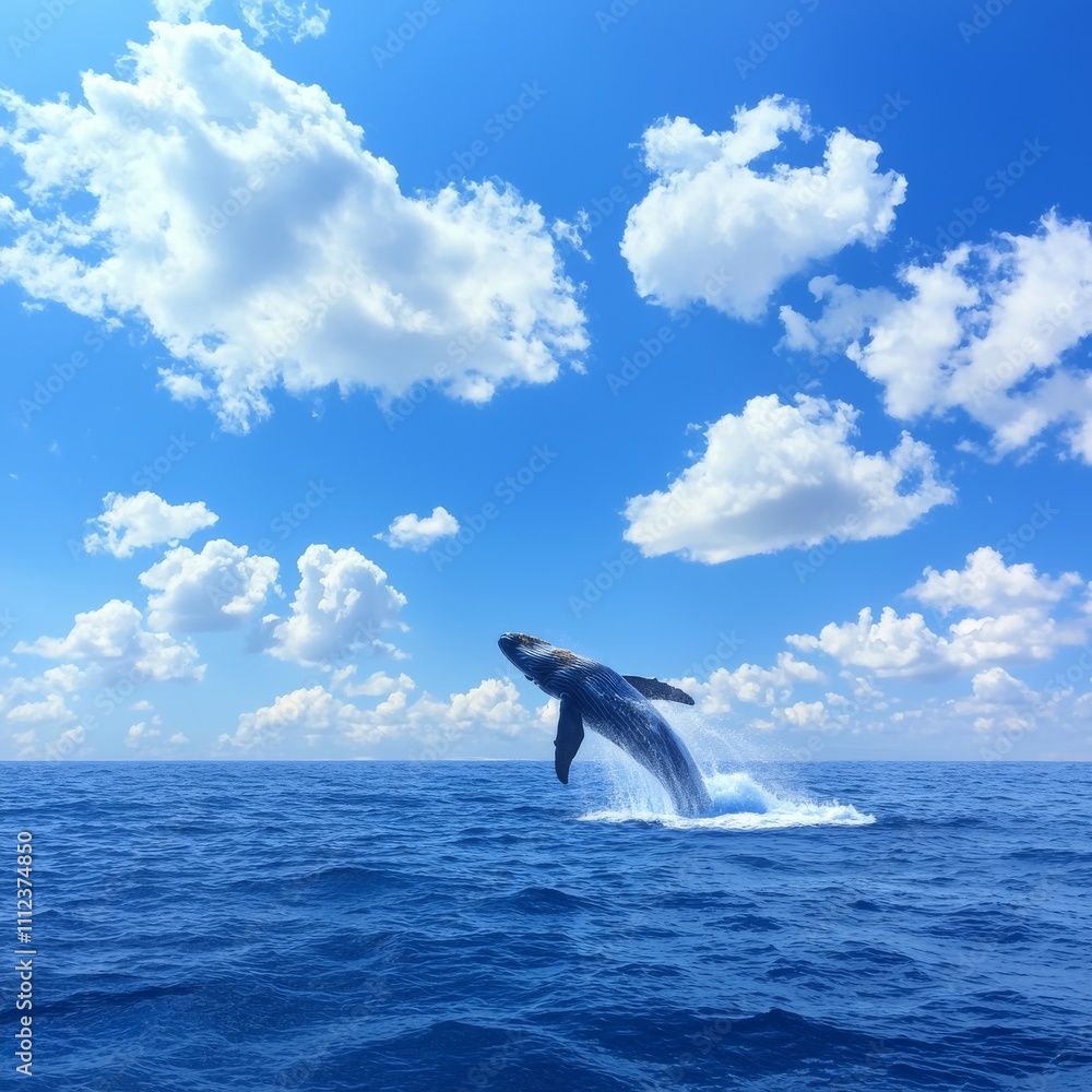 Fototapeta premium Humpback whale breaching in ocean under blue sky.