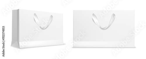 Paper shopping bag isolated packages. Retail present bags, sale merchandise products. Empty shopper bags template, supermarket shop mall packs. Empty bags vector illustration design