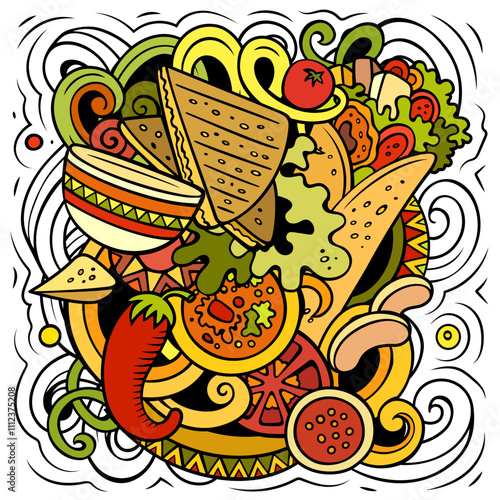 Mexican food hand-drawn vector doodles illustration. Cuisine poster design. Mexica Menu elements and objects cartoon background